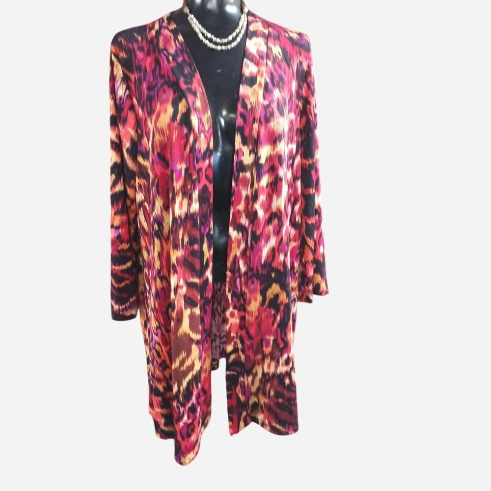 Slinky Brand Women's Large Red,Orange & Black Leopard Print Long Sleeve Cardigan